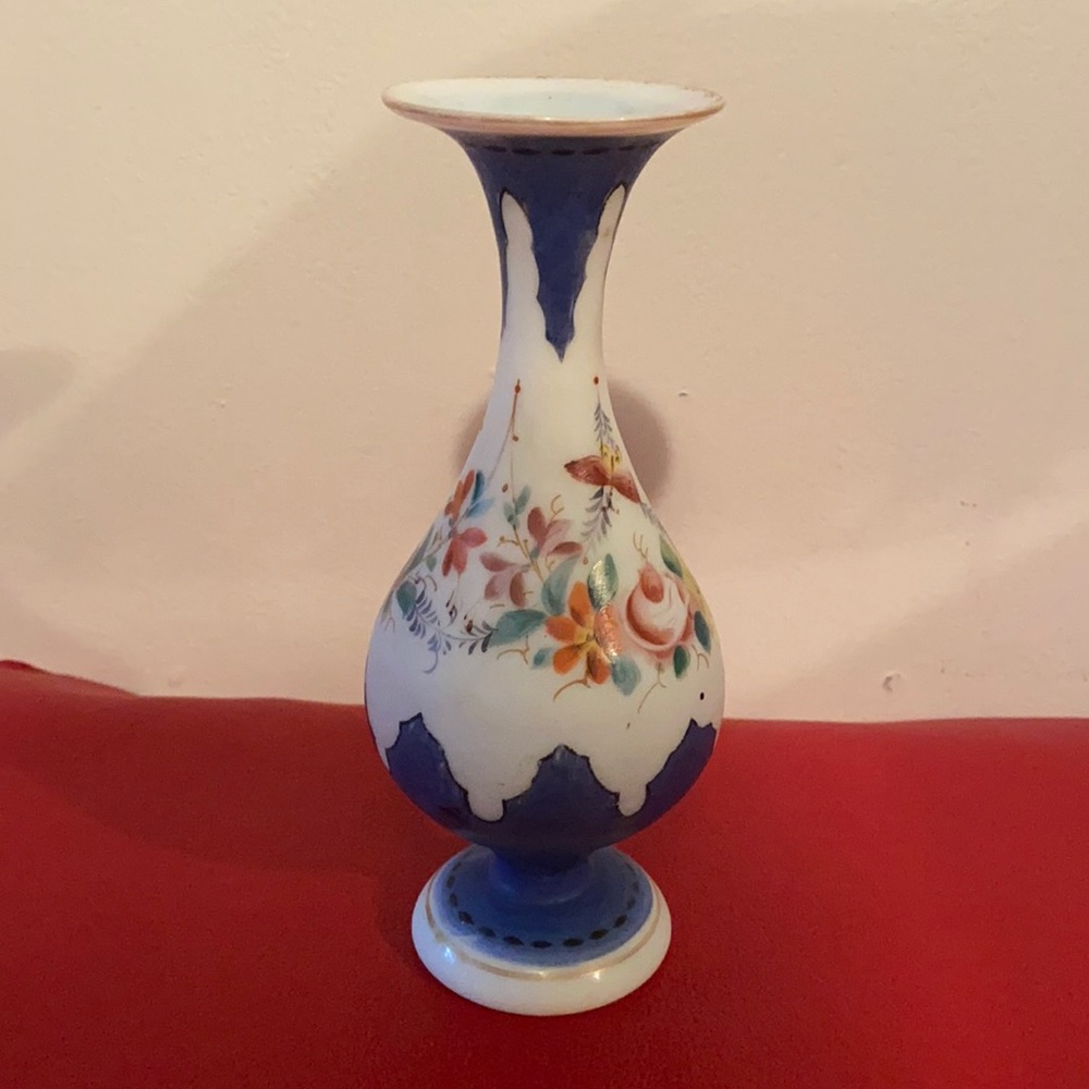 .- Antique Hand Painted Vase - Pontil Marked White Glass Bud Vase With Blue